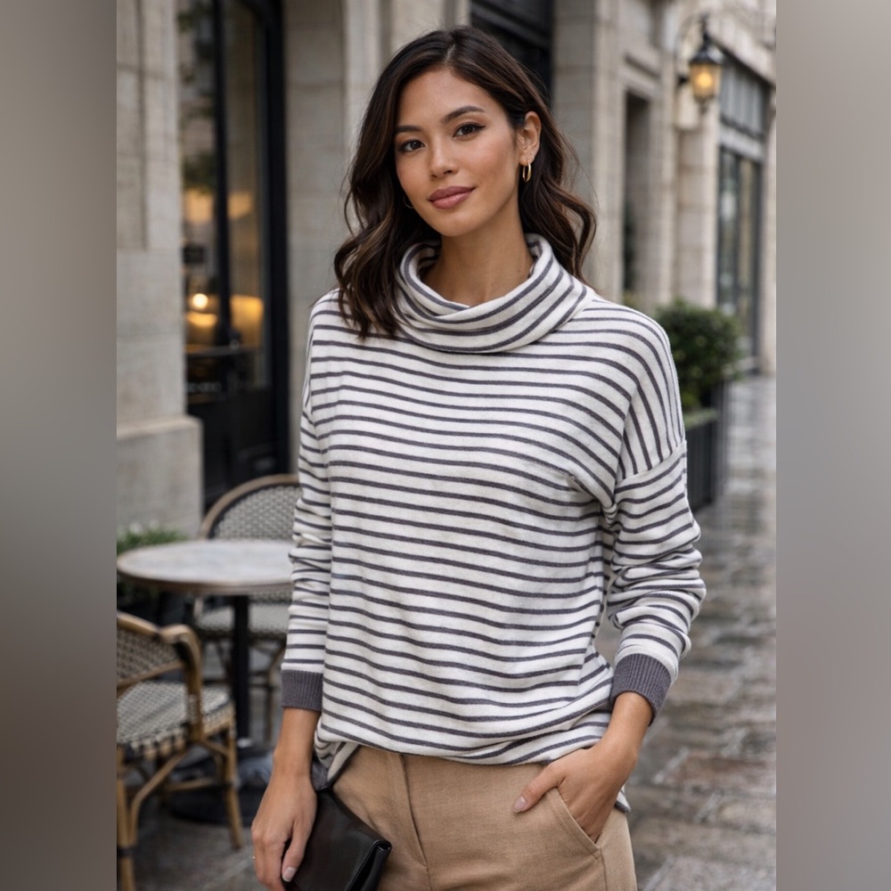 Knit cowl neck sweater striped white gray